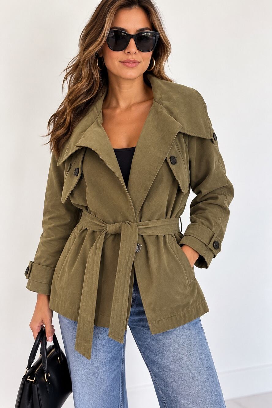 ZARA Women’s M Olive Khaki Belted Short Trench Jacket Oversized Collar NWOT
